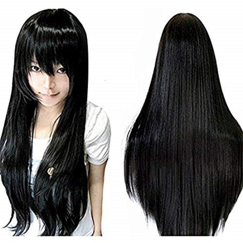 Anogol Hair Cap+32Inch/80cm Black Wig Long Straight Wig Cosplay Wig Synthetic Wig Long Black Wig with Bangs Peluca Negra Cosplay Wig for Halloween Wig With Bangs Anime Wig for Women Costume Party - Image 1